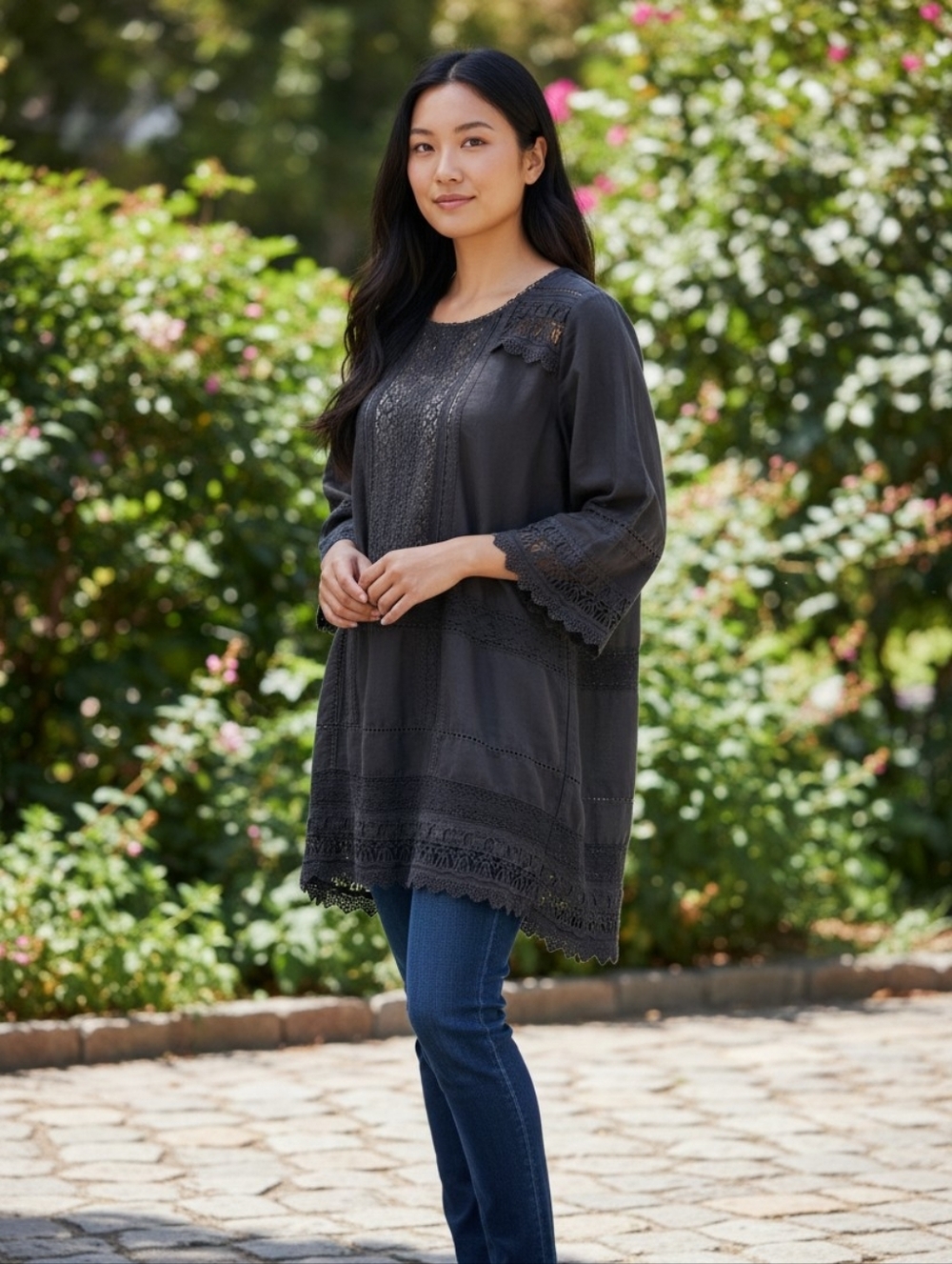 Peruvian Connection Black Crochet & Lace-Trim Tunic Linen Cotton Blend Sz 12
